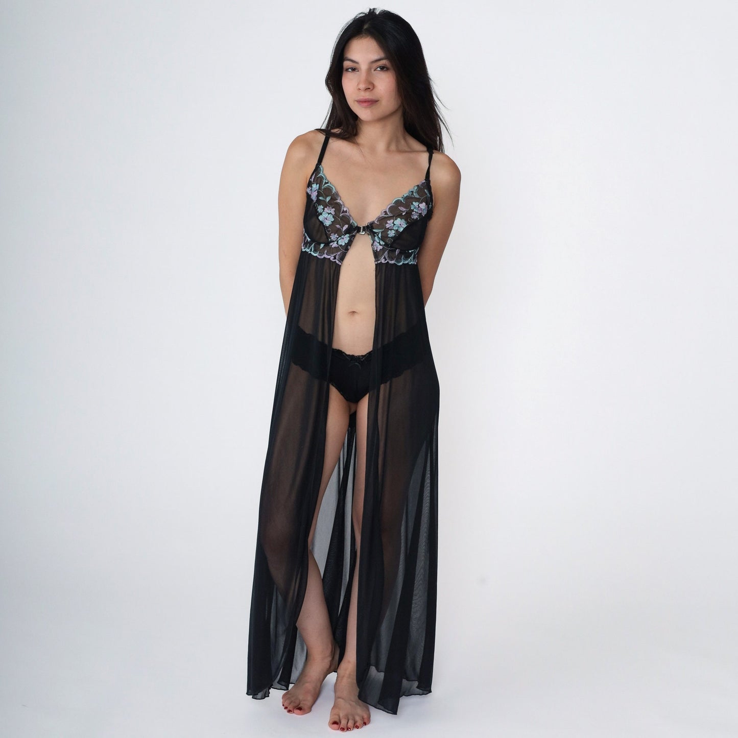 90s Faris Black Floral Embroidered Slip Nightgown Underwire Spaghetti Strap Medium
