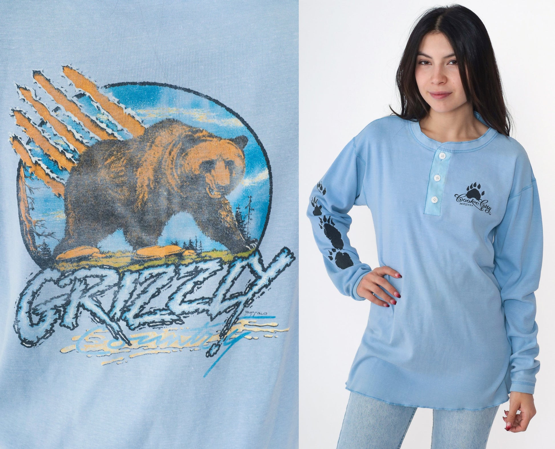 90s Buffalo Shirts Grizzly Bear Cooke City Montana Henley Long Sleeve Large