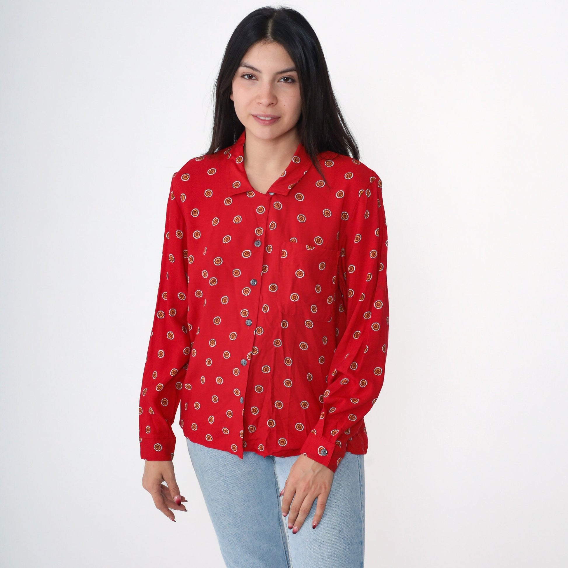 90s Abstract Floral Print Button Up Blouse Red Rayon Long Sleeve Medium
