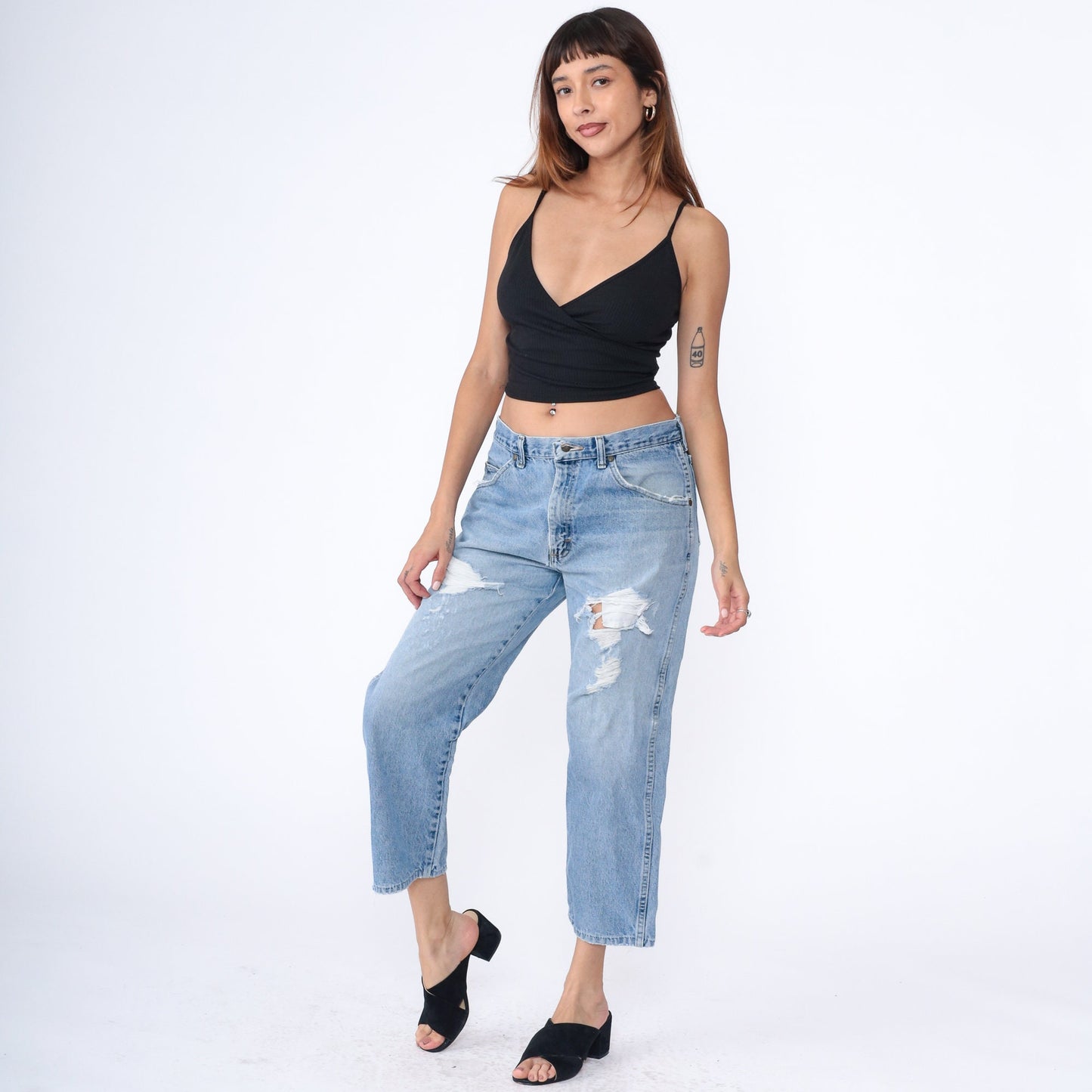 Wrangler Y2K Ripped Straight Leg Jeans Faded Blue High Rise Medium