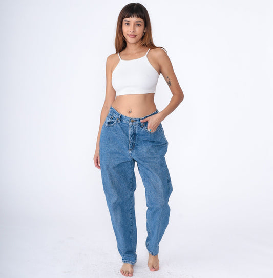 90s L.L. Bean High Waist Tapered Jeans Flannel Lined Blue Denim Large 14
