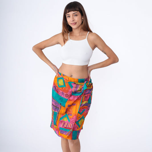 90s Geometric Wrap Skirt Midi Rayon Colorful Print Large 14