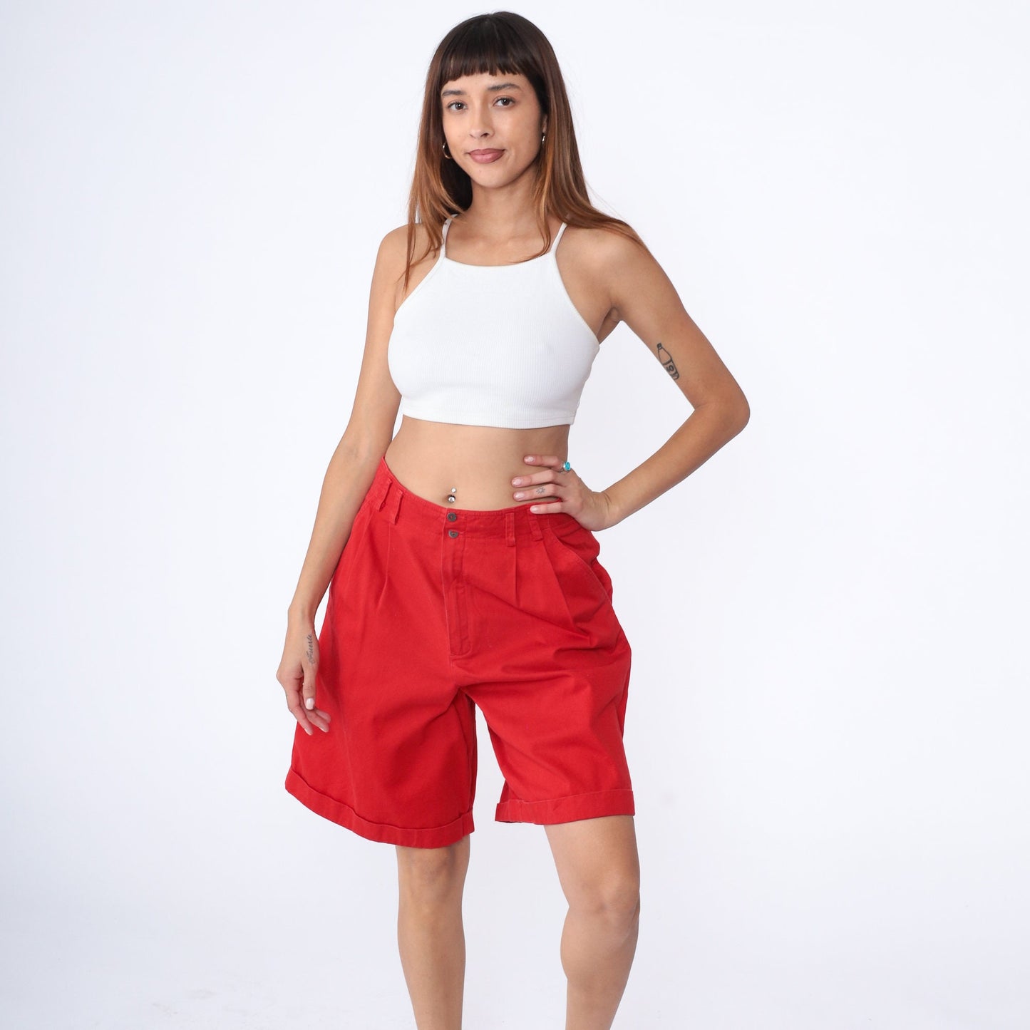 90s Liz Claiborne Red Pleated Shorts High Waist Cotton Cuffed Large 12