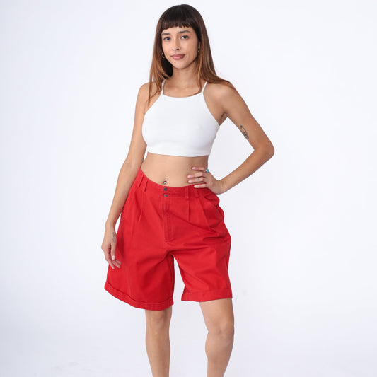 90s Liz Claiborne Red Pleated Shorts High Waist Cotton Cuffed Large 12