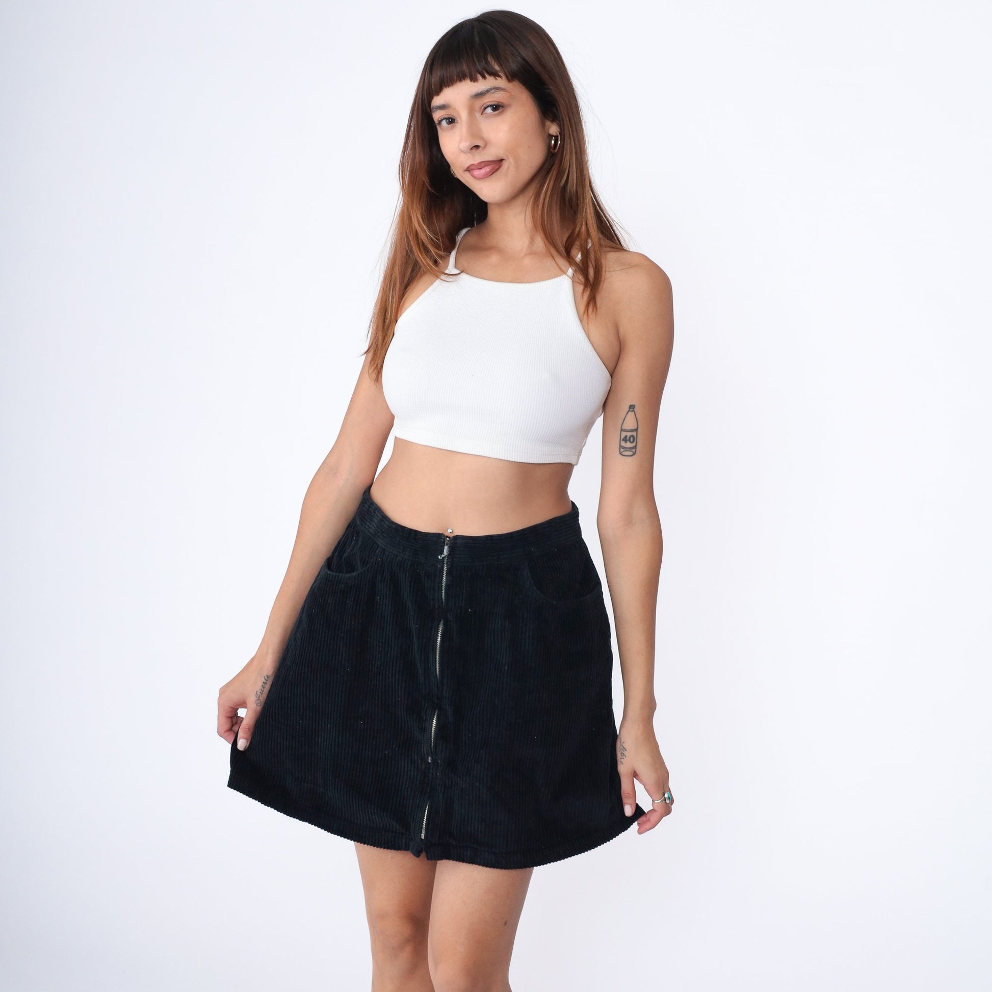 Y2K Black Corduroy Mini Skirt High Waisted Exposed Zipper A-Line Large