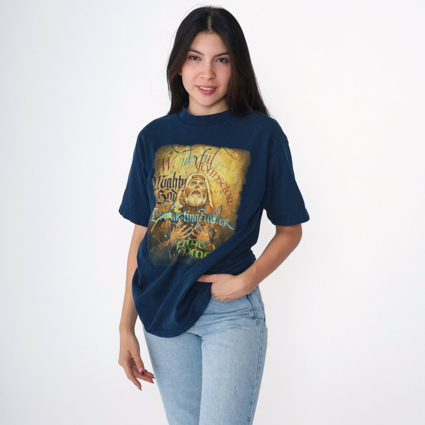 Y2K Jesus Christ Navy Graphic T-Shirt Wonderful Counselor Medium