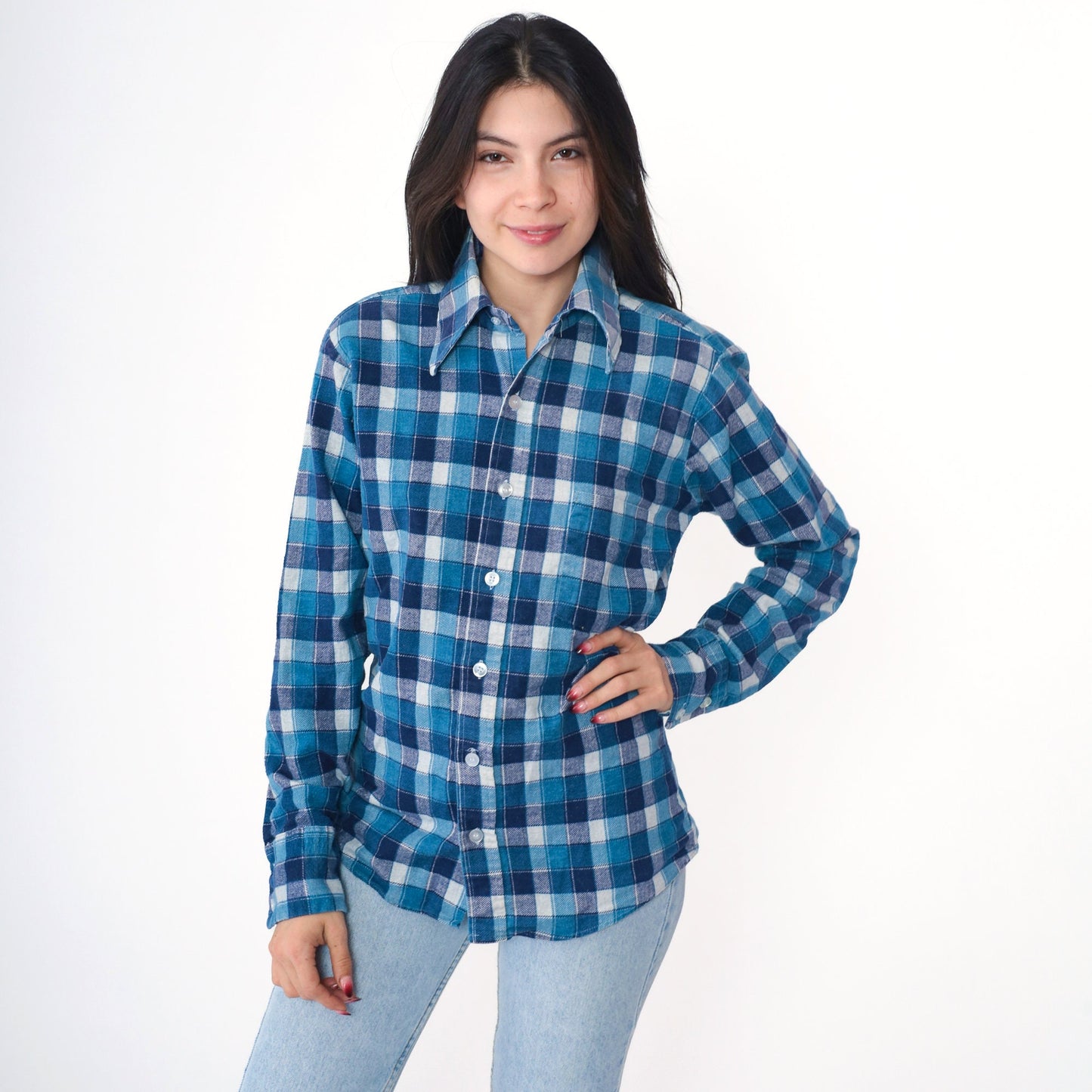 70s Mr. Wrangler Flannel Shirt Blue Navy Plaid Button Up Small