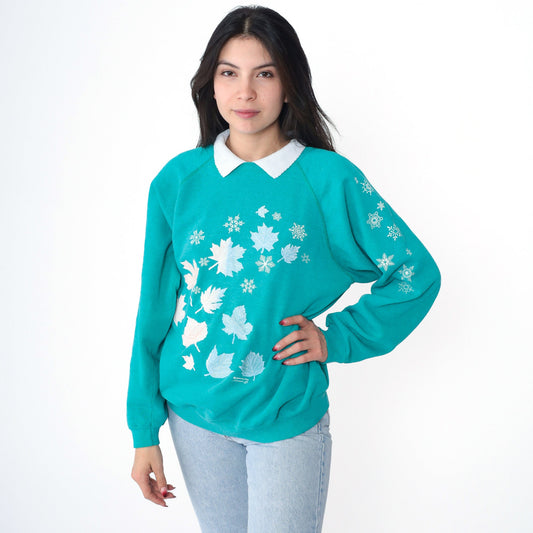 90s Leaf Snowflake Print Sweatshirt Teal Green Graphic Crewneck Large