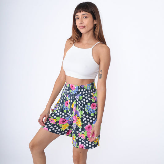 90s Polka Dot Floral Rayon Shorts High Waist Pleated White Small