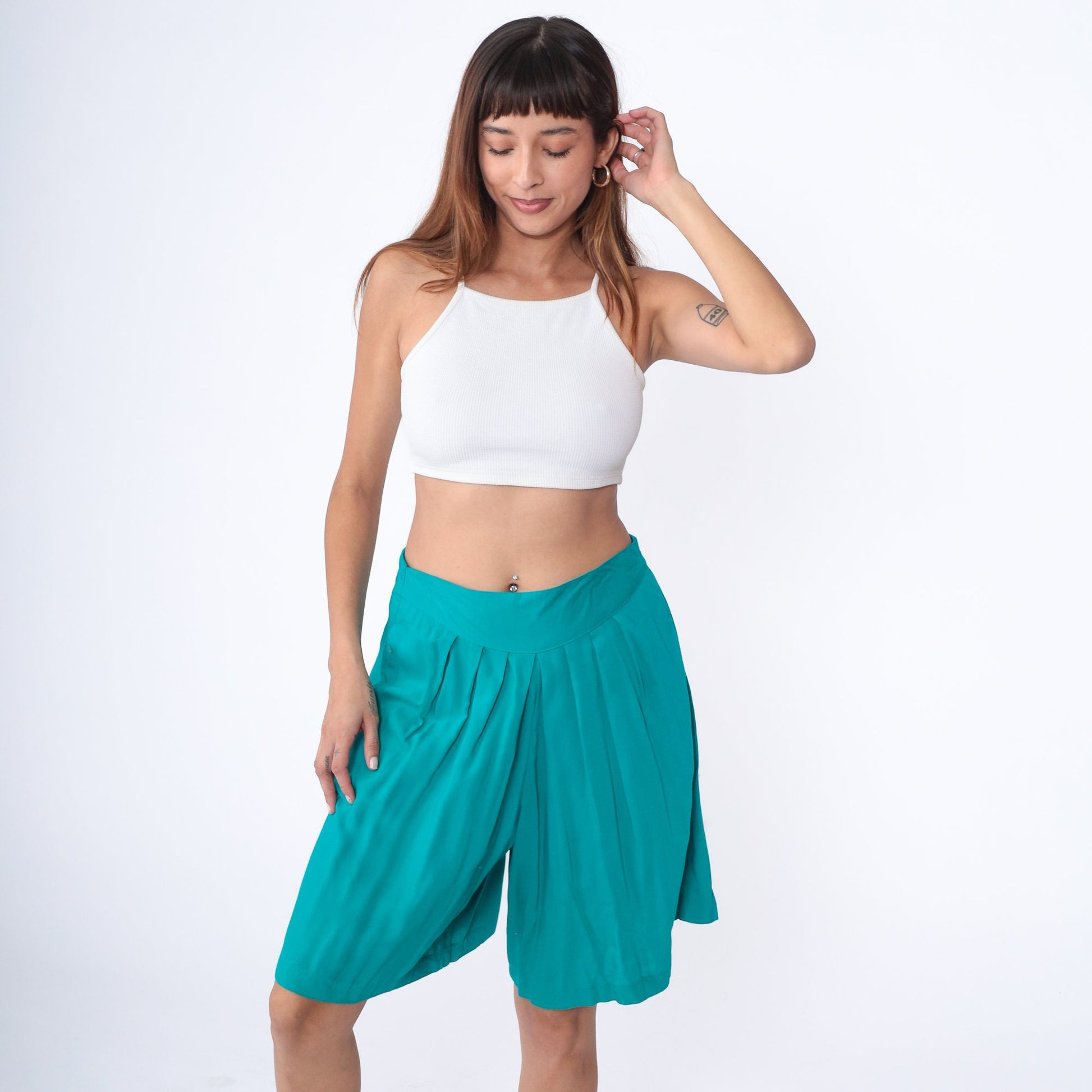 90s Teal Pleated Wide Leg Shorts High Waist Culotte Bermuda Large L