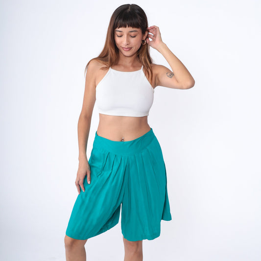 90s Teal Pleated Wide Leg Shorts High Waist Culotte Bermuda Large L