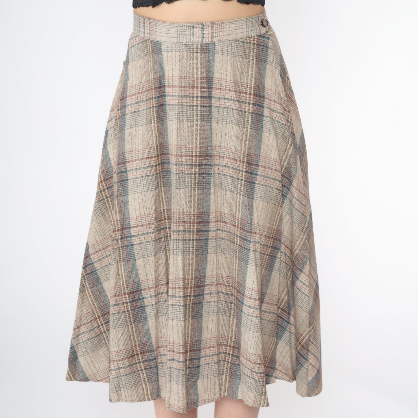 1970s Plaid Wool Midi Skirt Beige Red Blue Pleated High Waist Small