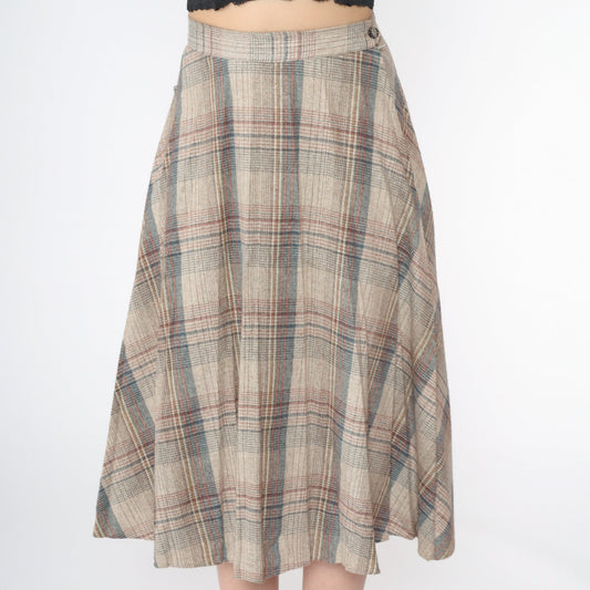 1970s Plaid Wool Midi Skirt Beige Red Blue Pleated High Waist Small