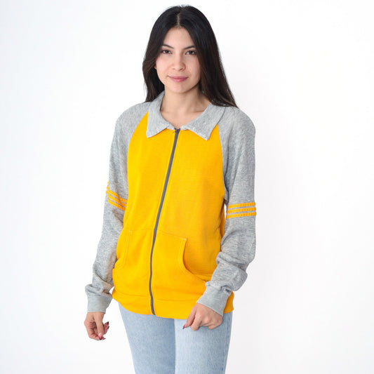 80s Yellow Grey Striped Raglan Track Jacket Zip Up Small