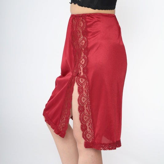 70s Vassarette Red Lace Half Slip Skirt High Waist Front Slit Medium