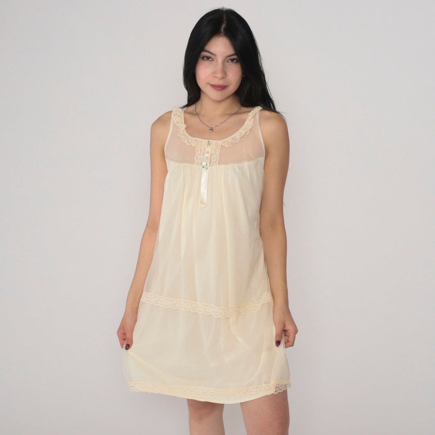 80s Pale Yellow Nylon Nightgown Lace Trim Rosette Embroidered Mini Small