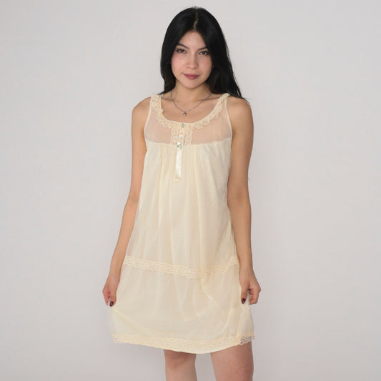 80s Pale Yellow Nylon Nightgown Lace Trim Rosette Embroidered Mini Small