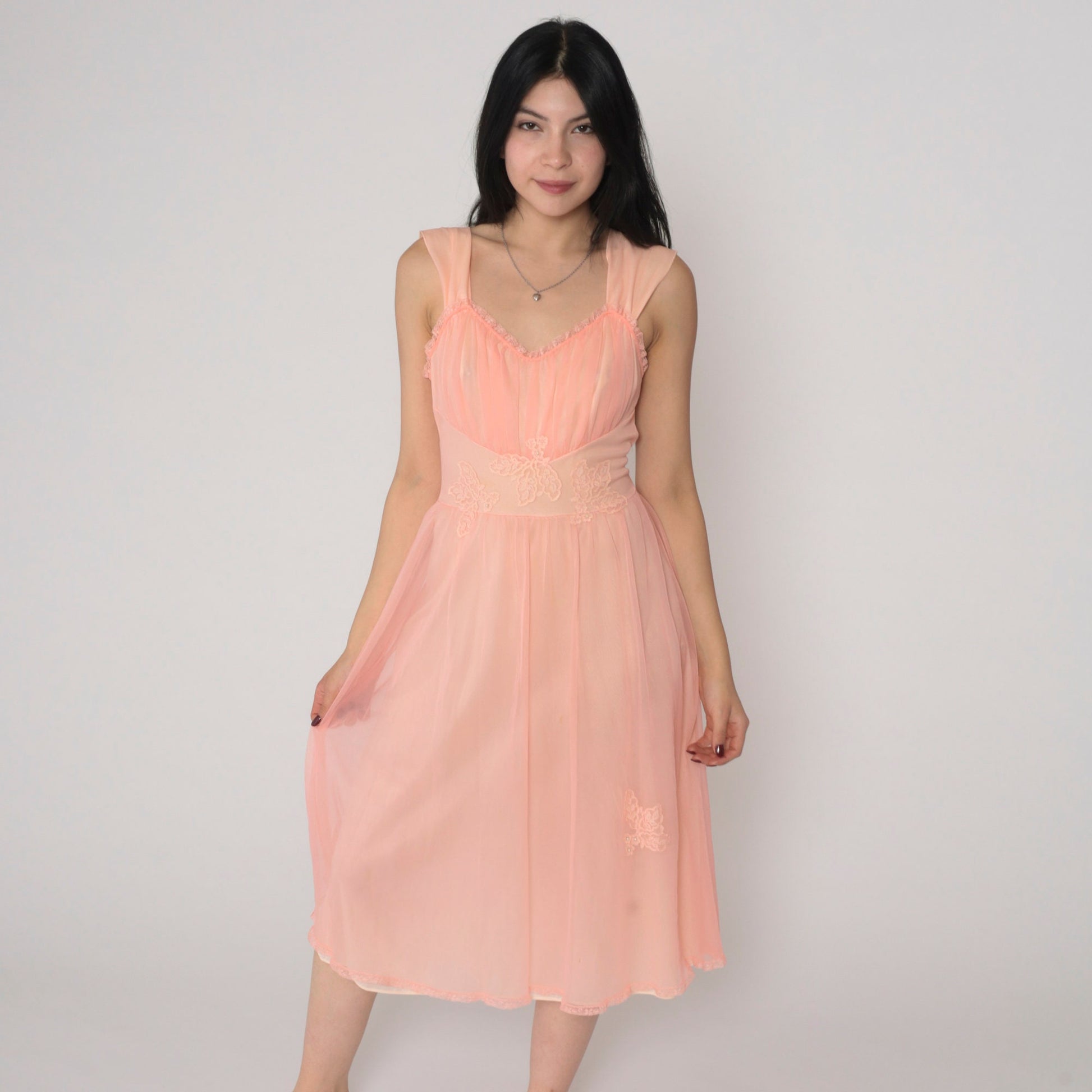 70s Gotham Gold Stripe Nightgown Pink Beaded Lace Applique Midi Small