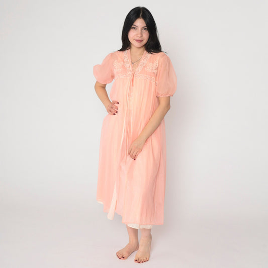 70s Pink Nylon Lingerie Robe Lace Beaded Puff Sleeve Midi Small