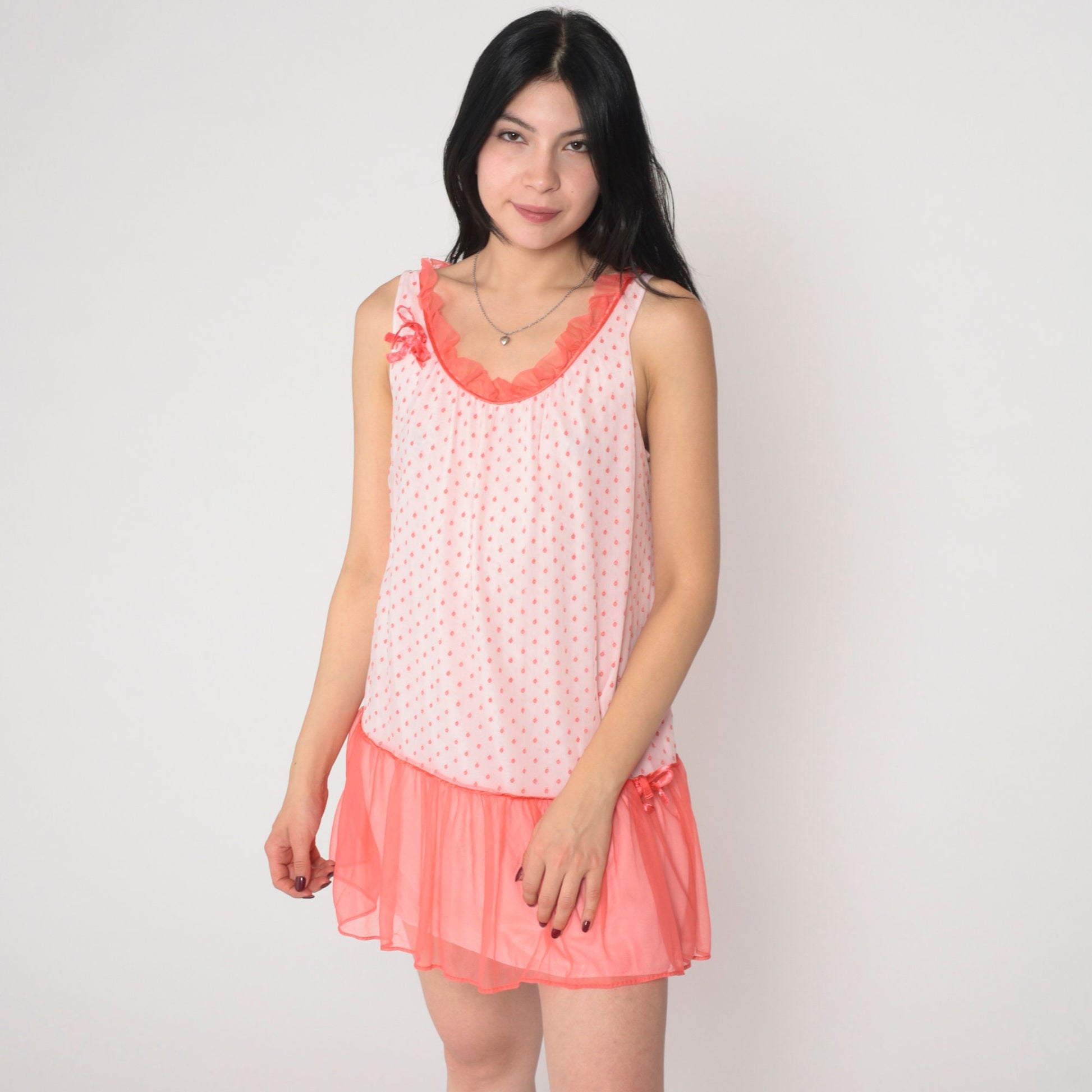 80s White Coral Polka Dot Nightgown Drop Waist Sleeveless Slip Dress Medium M