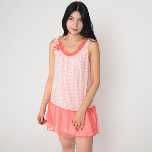 80s White Coral Polka Dot Nightgown Drop Waist Sleeveless Slip Dress Medium M