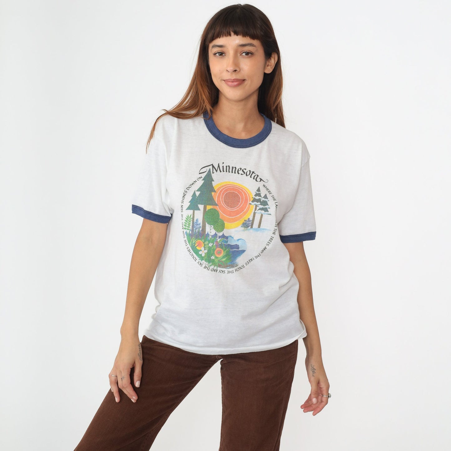 80s Minnesota Ringer Tee Graphic T-Shirt Where Lakes Touch Trees Medium