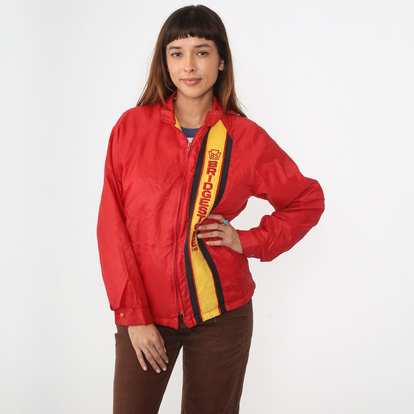 80s Bridgestone Tires Windbreaker Red Yellow Stripe Nylon Raglan Medium