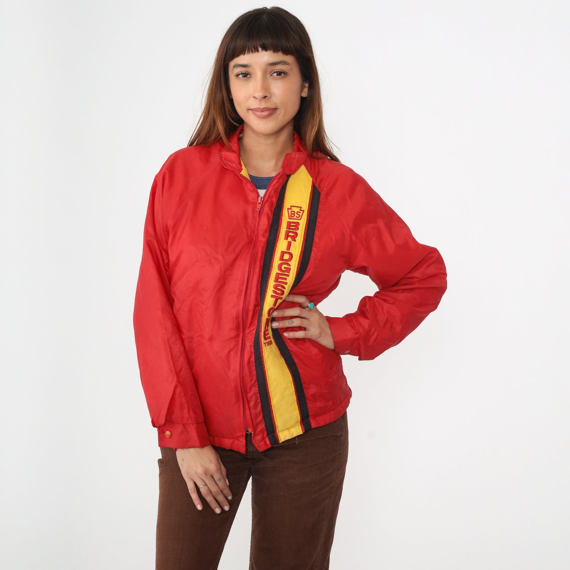 80s Bridgestone Tires Windbreaker Red Yellow Stripe Nylon Raglan Medium