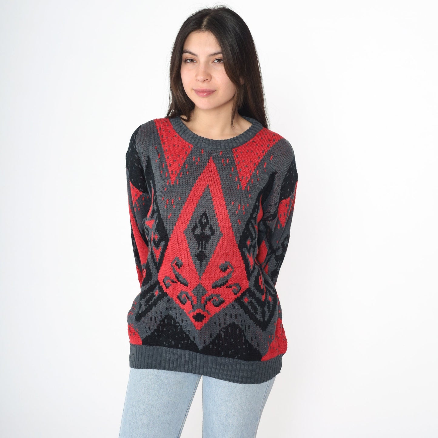 80s DJ Smash Geometric Knit Sweater Red Black Crewneck Medium