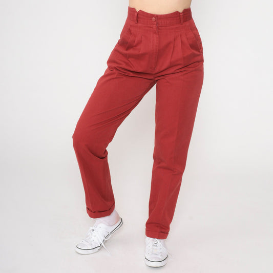 80s Red Pleated High-Waisted Tapered Trousers Extra Small XS