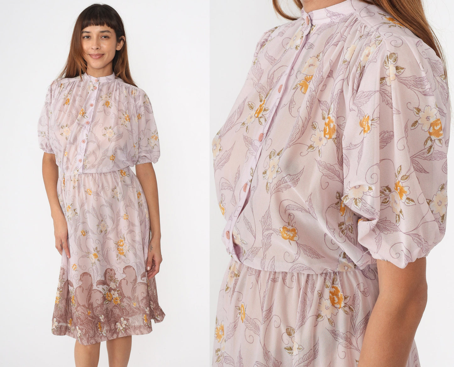 70s Lavender Floral Midi Dress High Waist Puff Sleeve Button Up Small
