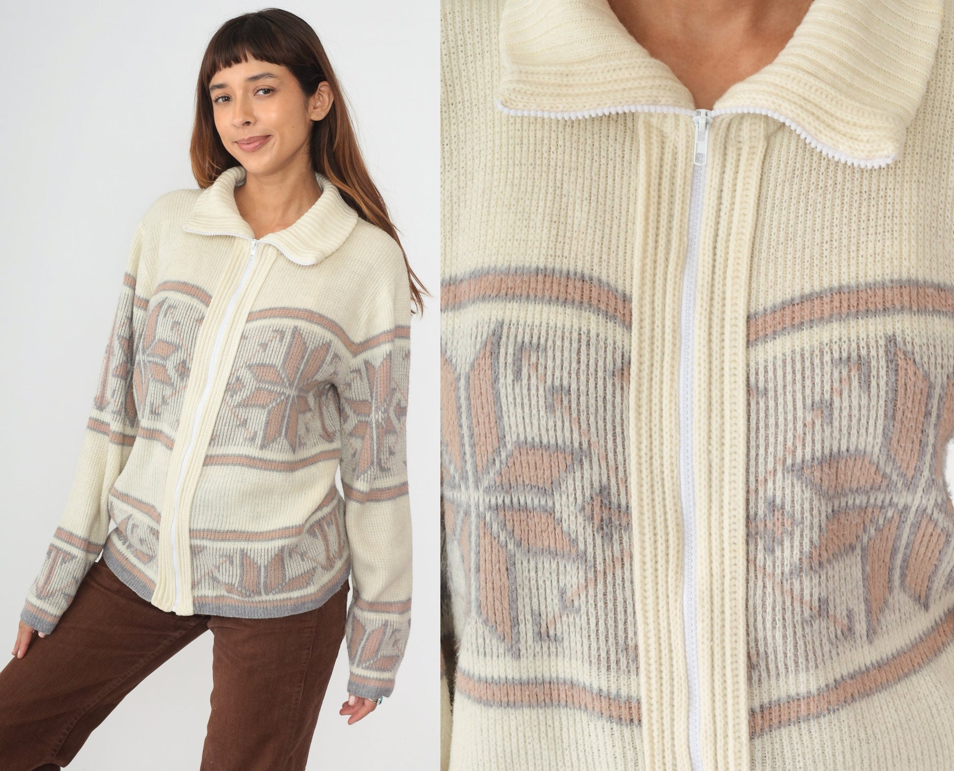 80s Nordic Snowflake Zip Cardigan Cream Fair Isle Knit Medium