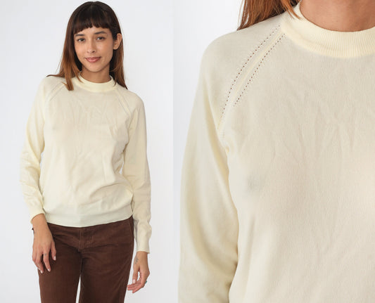 70s Cream Knit Raglan Sweater Rear Zipper Pullover Small Medium