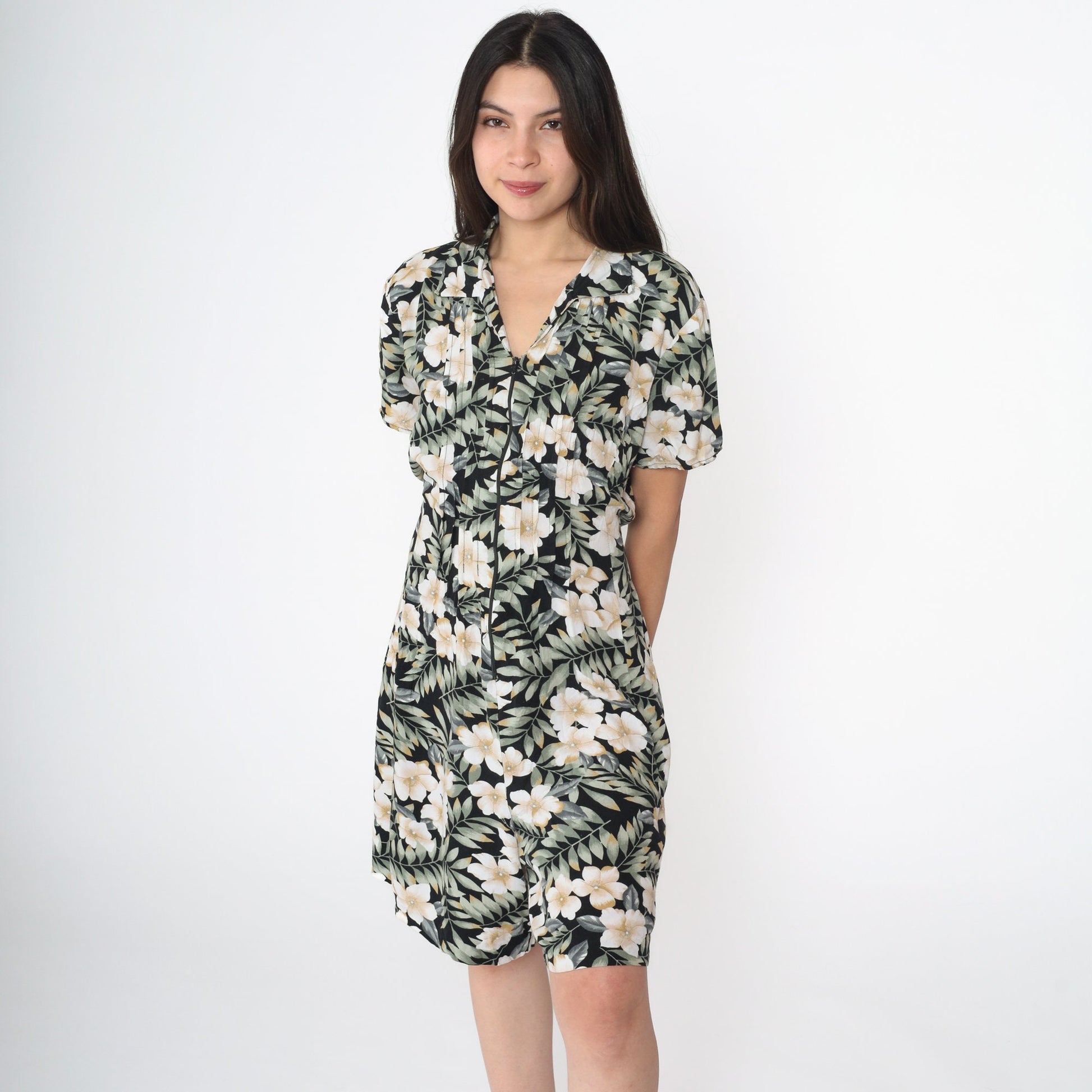90s Tropical Floral Romper Black Green Wide Leg Playsuit Zip Front Medium