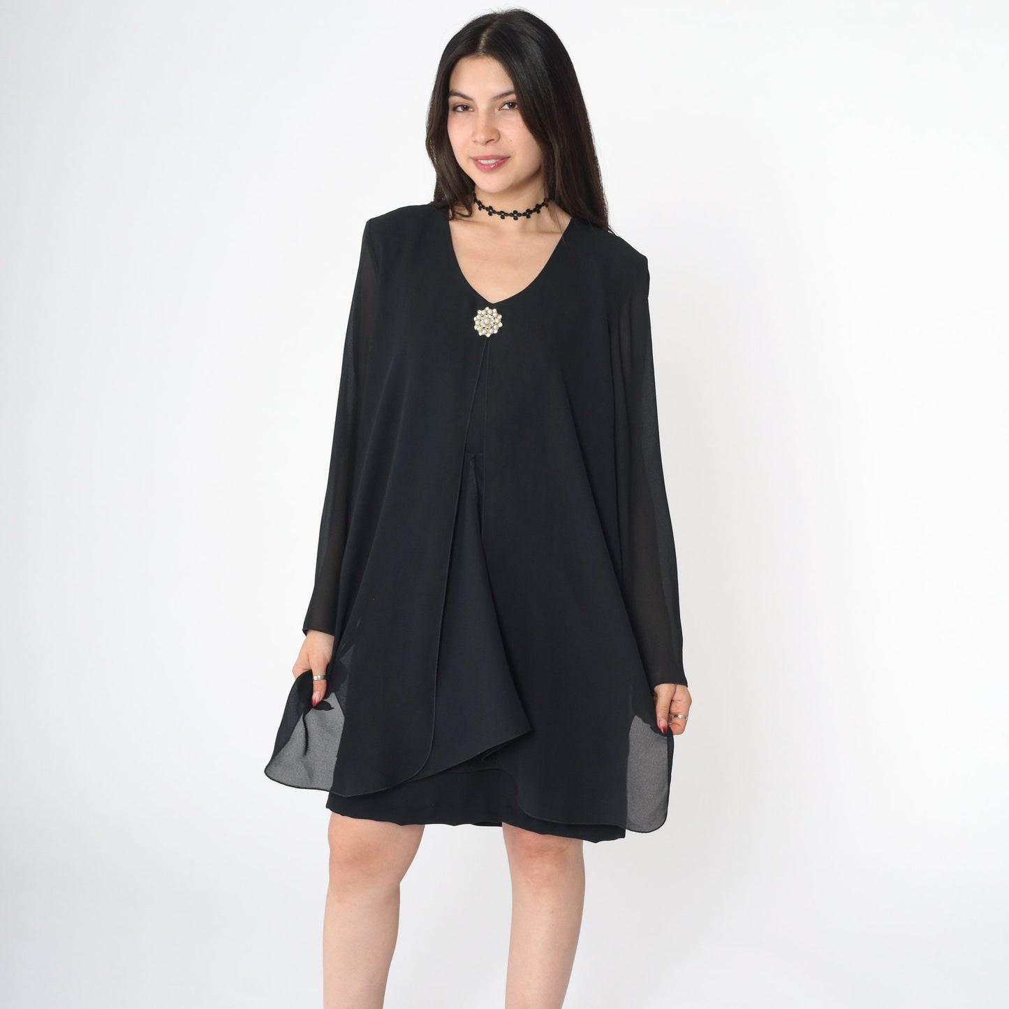90s Black Chiffon Mini Shift Dress Long Sleeve Pearl Brooch Medium