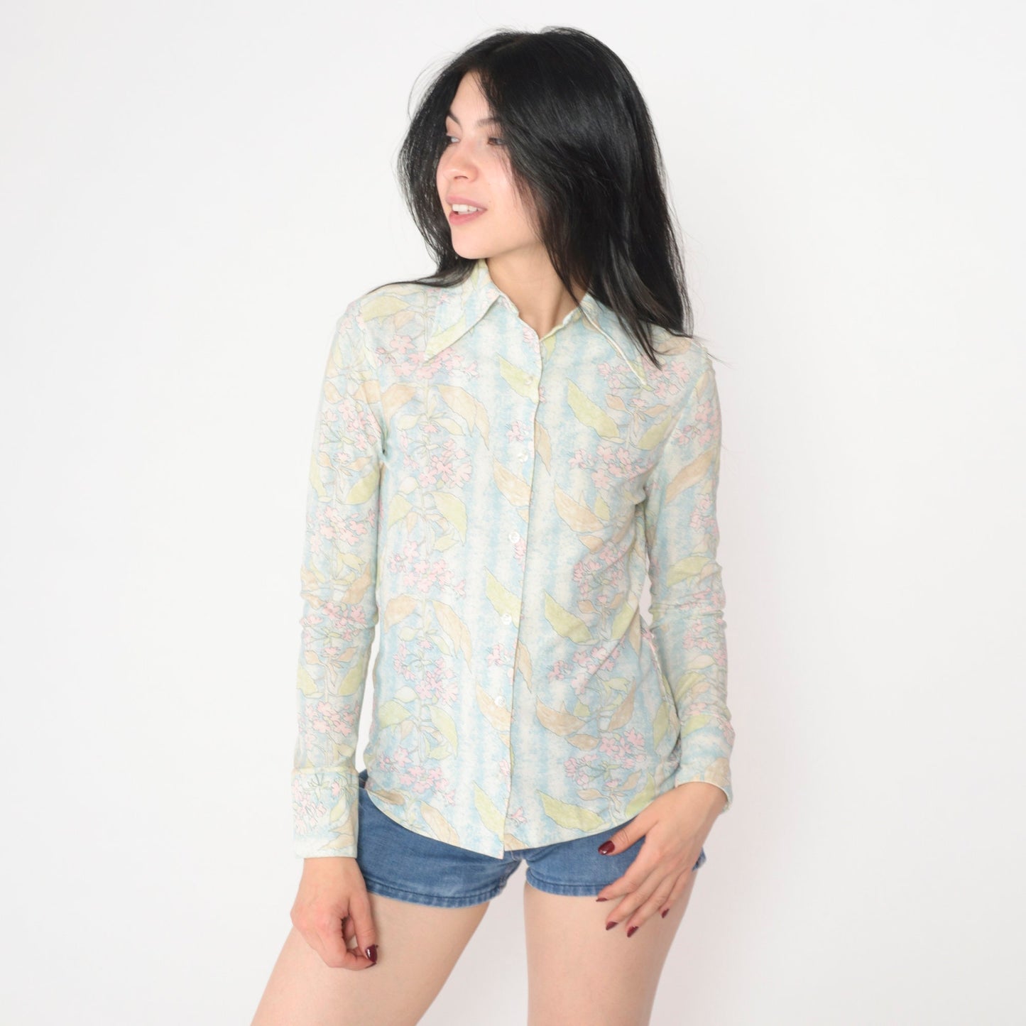 70s Floral Print Dagger Collar Blouse Long Sleeve Button Up Blue White Small