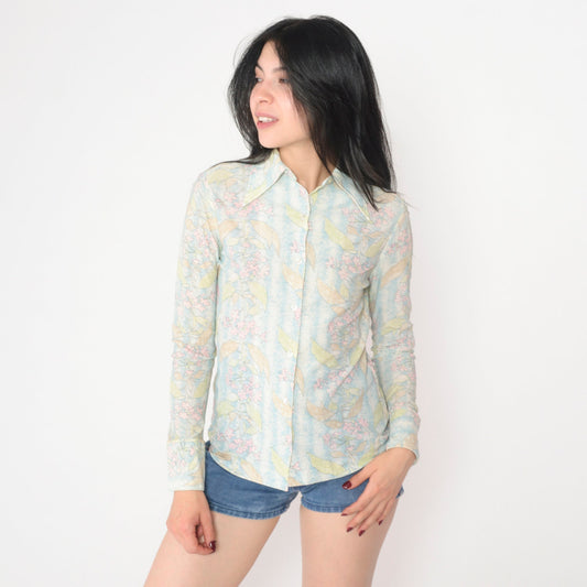 70s Floral Print Dagger Collar Blouse Long Sleeve Button Up Blue White Small