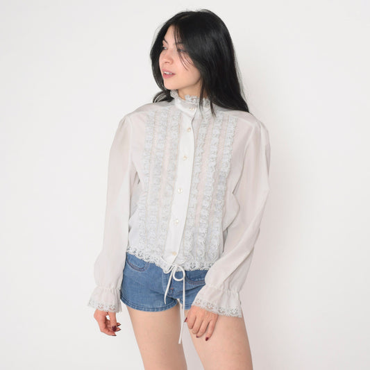 70s Off-White Lace Trim Puff Sleeve Button-Up Blouse High Neck Medium M