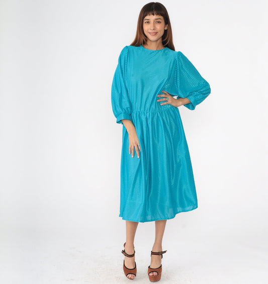 80s Turquoise Striped Midi Dress Dolman Sleeve High Waist Large