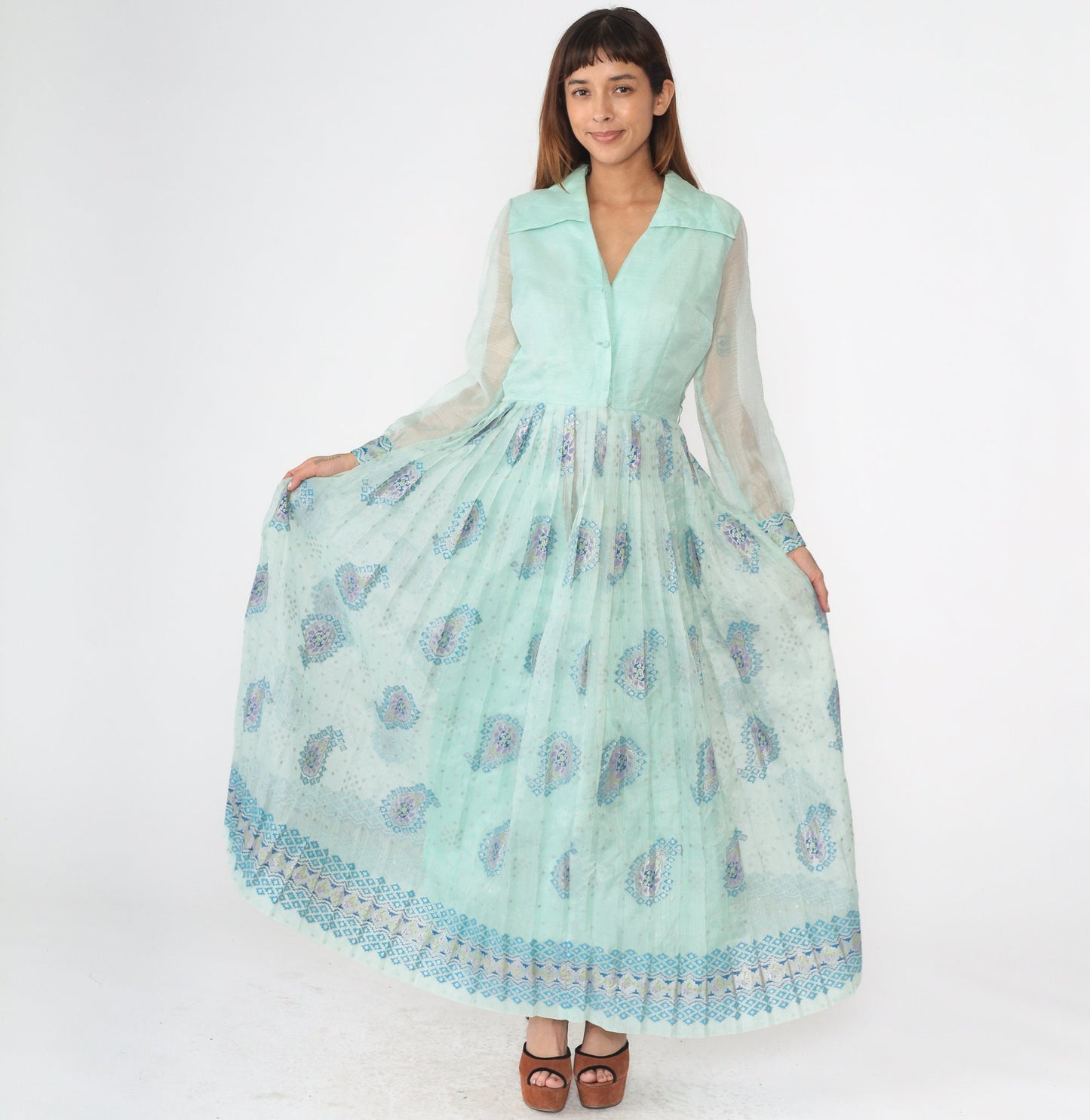 70s Alfred Shaheen Mint Paisley Maxi Dress V-Neck Sheer Sleeve Medium