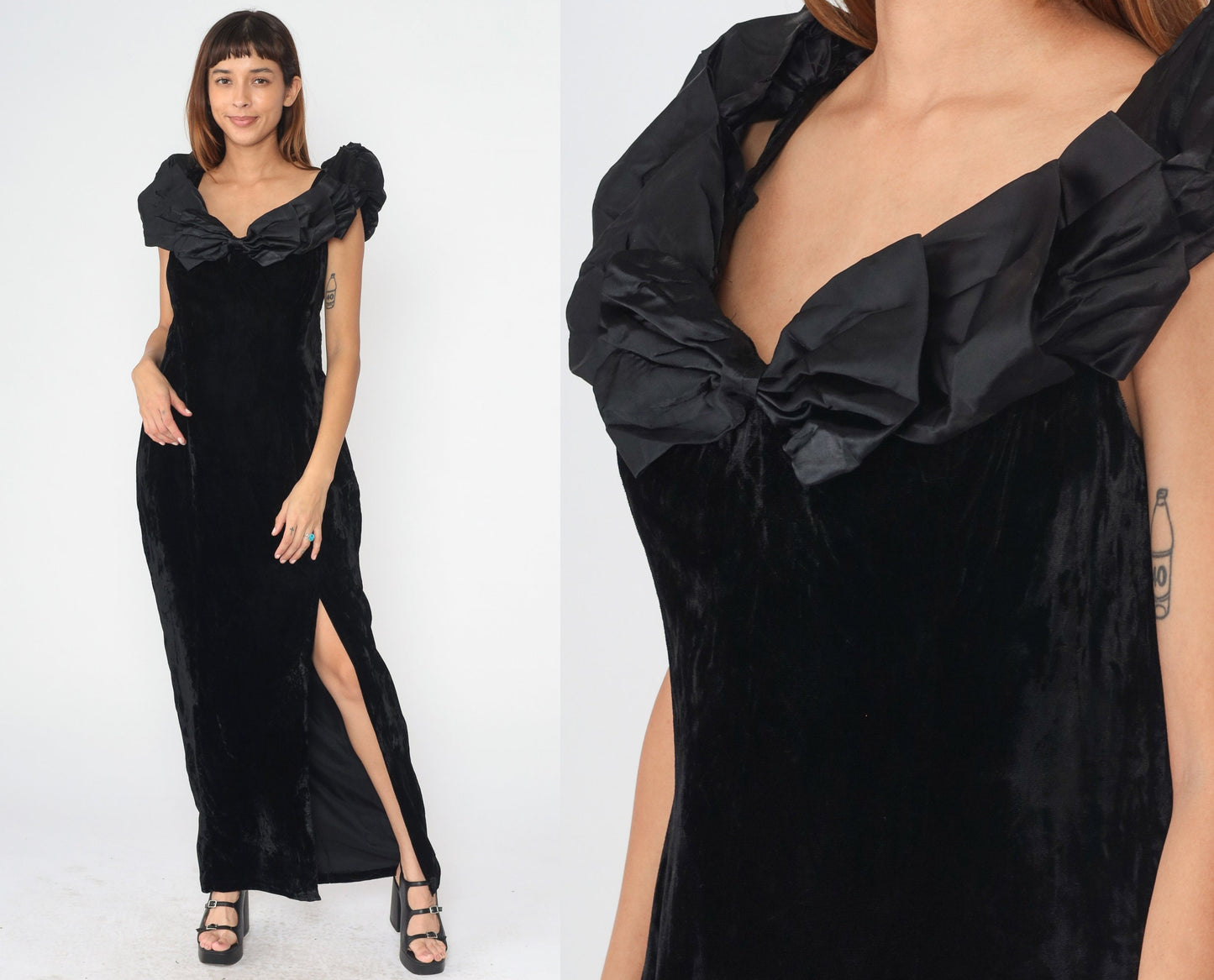 90s Black Velvet Maxi Dress Bow High Slit Sleeveless Evening Gown Large
