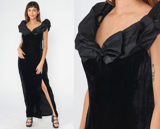 90s Black Velvet Maxi Dress Bow High Slit Sleeveless Evening Gown Large