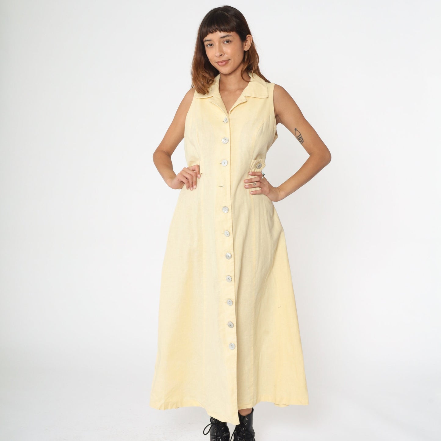 90s Pale Yellow Linen Midi Dress Keyhole Back Button-Up Sleeveless Large