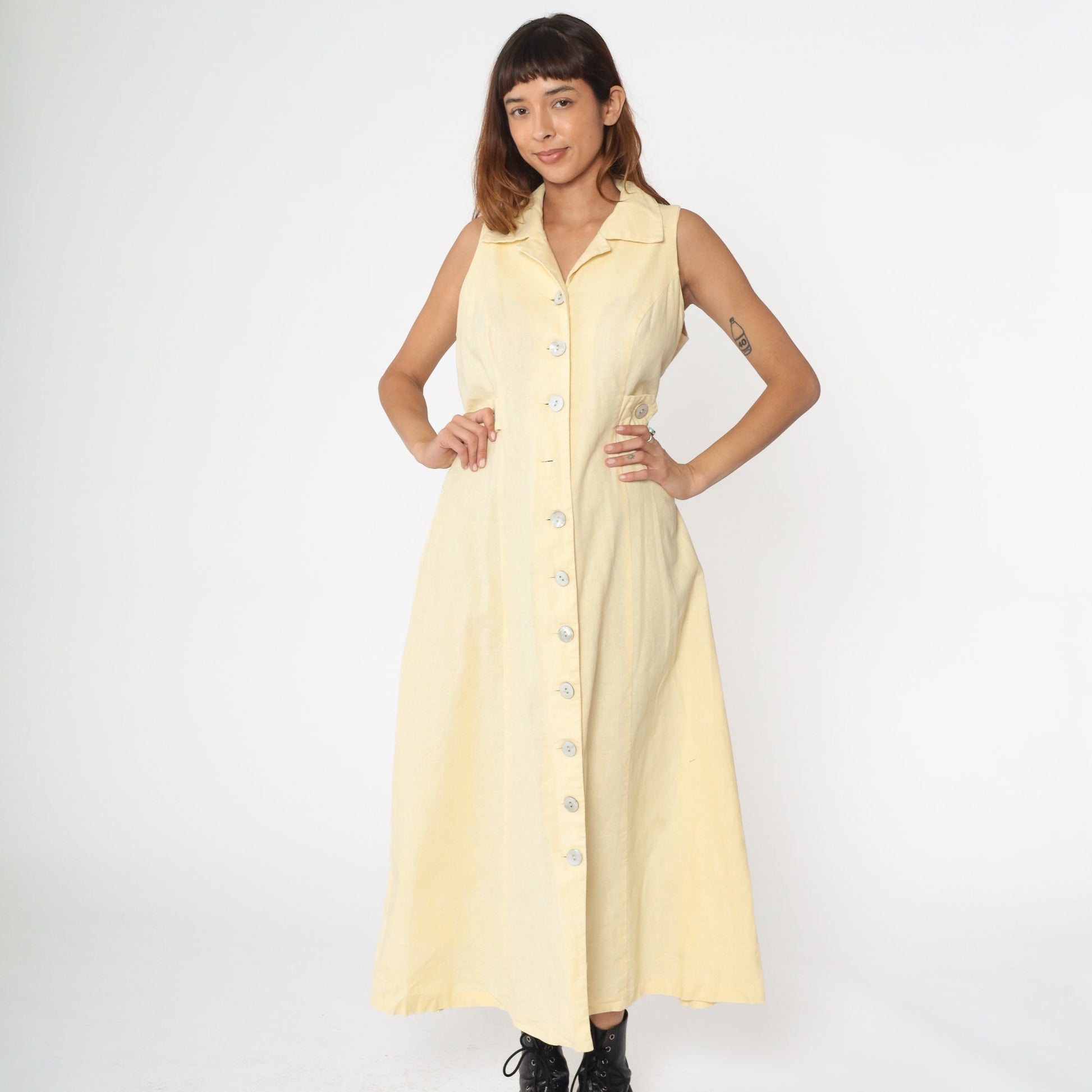 90s Pale Yellow Linen Midi Dress Keyhole Back Button-Up Sleeveless Large