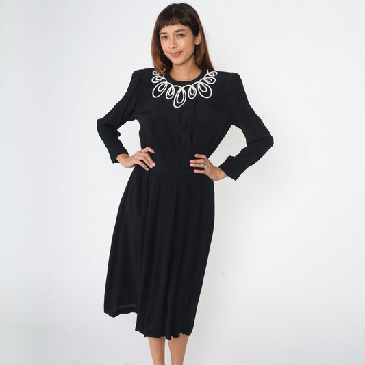 90s Black Midi Dress White Soutache Trim Power Shoulder Puff Sleeve Small