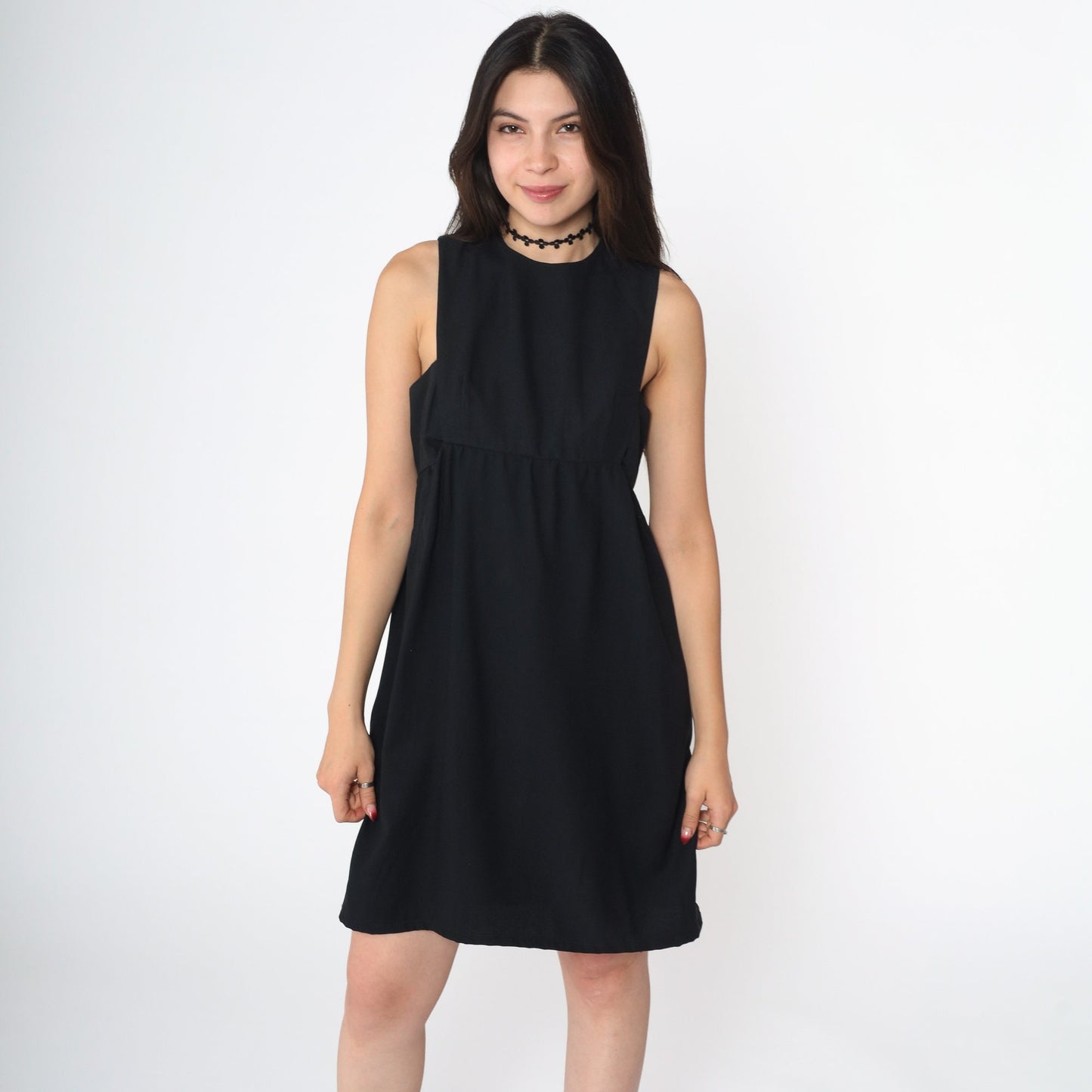 60s Black Mini Shift Dress Keyhole Back Empire Waist Sleeveless Small