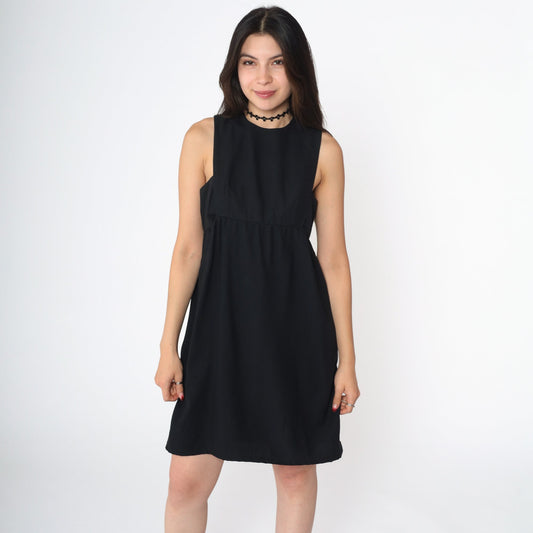 60s Black Mini Shift Dress Keyhole Back Empire Waist Sleeveless Small