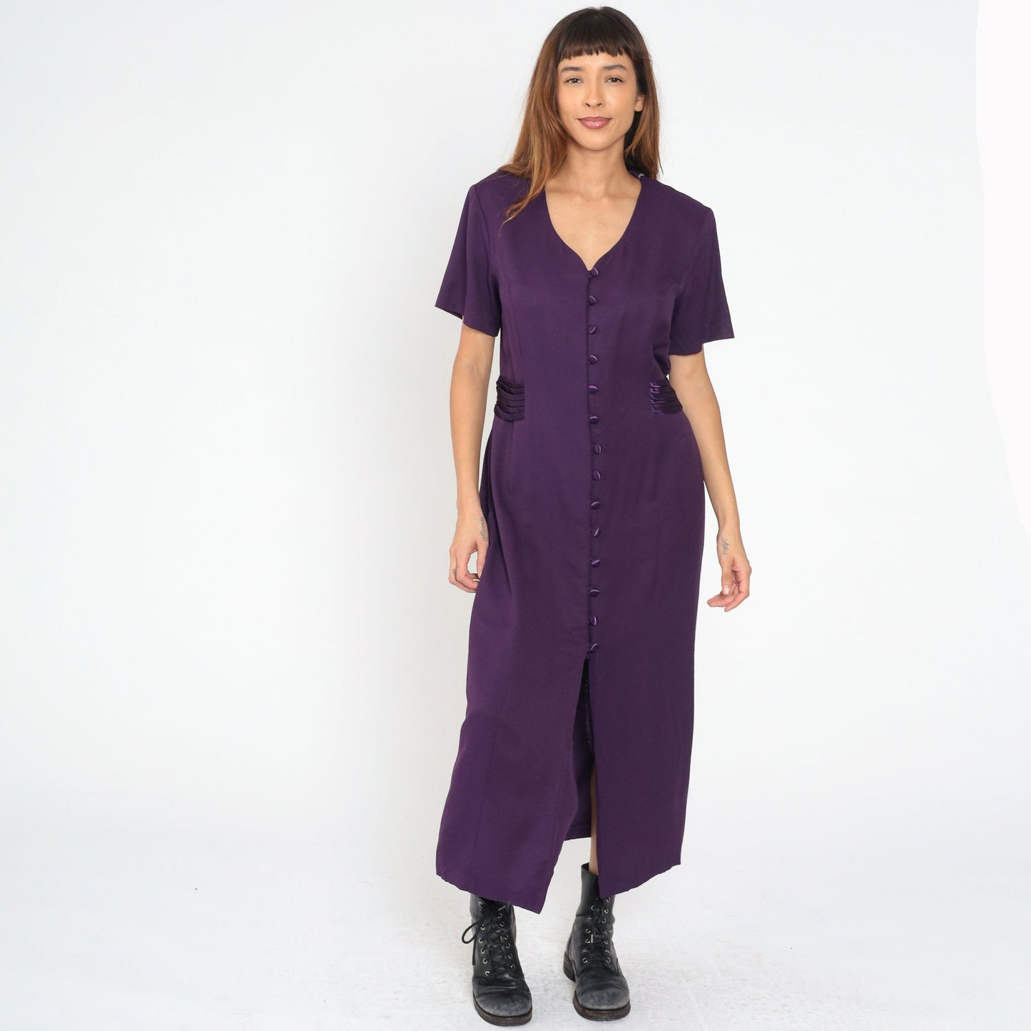 90s Dark Purple Maxi Shirtdress Button Front V Neck Princess Seam Large L
