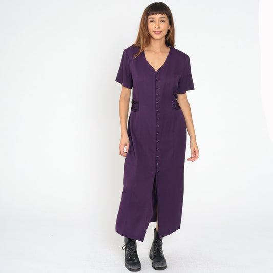 90s Dark Purple Maxi Shirtdress Button Front V Neck Princess Seam Large L