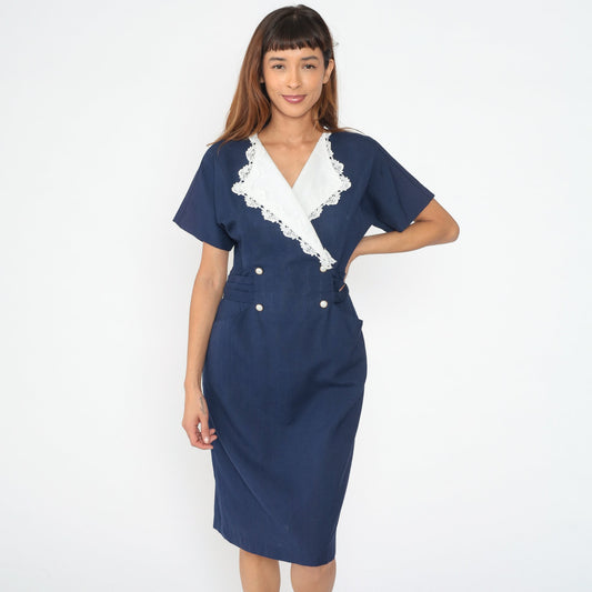 80s Navy Shirtdress White Lace Collar Double Breasted Wrap Midi Medium